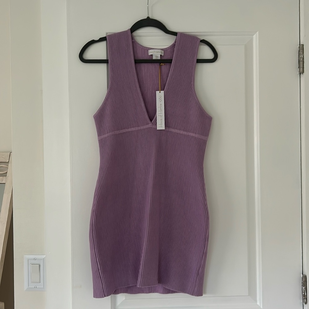 HOUSE OF HARLOW 1969 PURPLE RIBBED PLUNGING NECKLINE BODYCON MINI DRESS